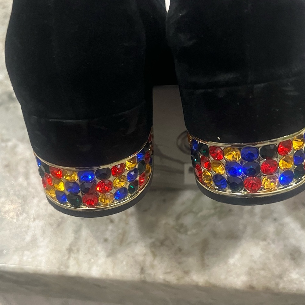 Suede black slip on with jewel heels